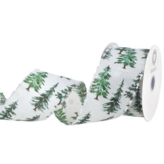 Christmas Pine Trees Snowball Edge Satin Wired Ribbon, 2-1/2-inch, 10-yard