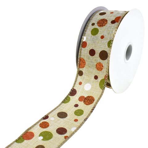 Dots Faux Linen Wired Autumn Fall Ribbon, 2-1/2-inch, 10-yard