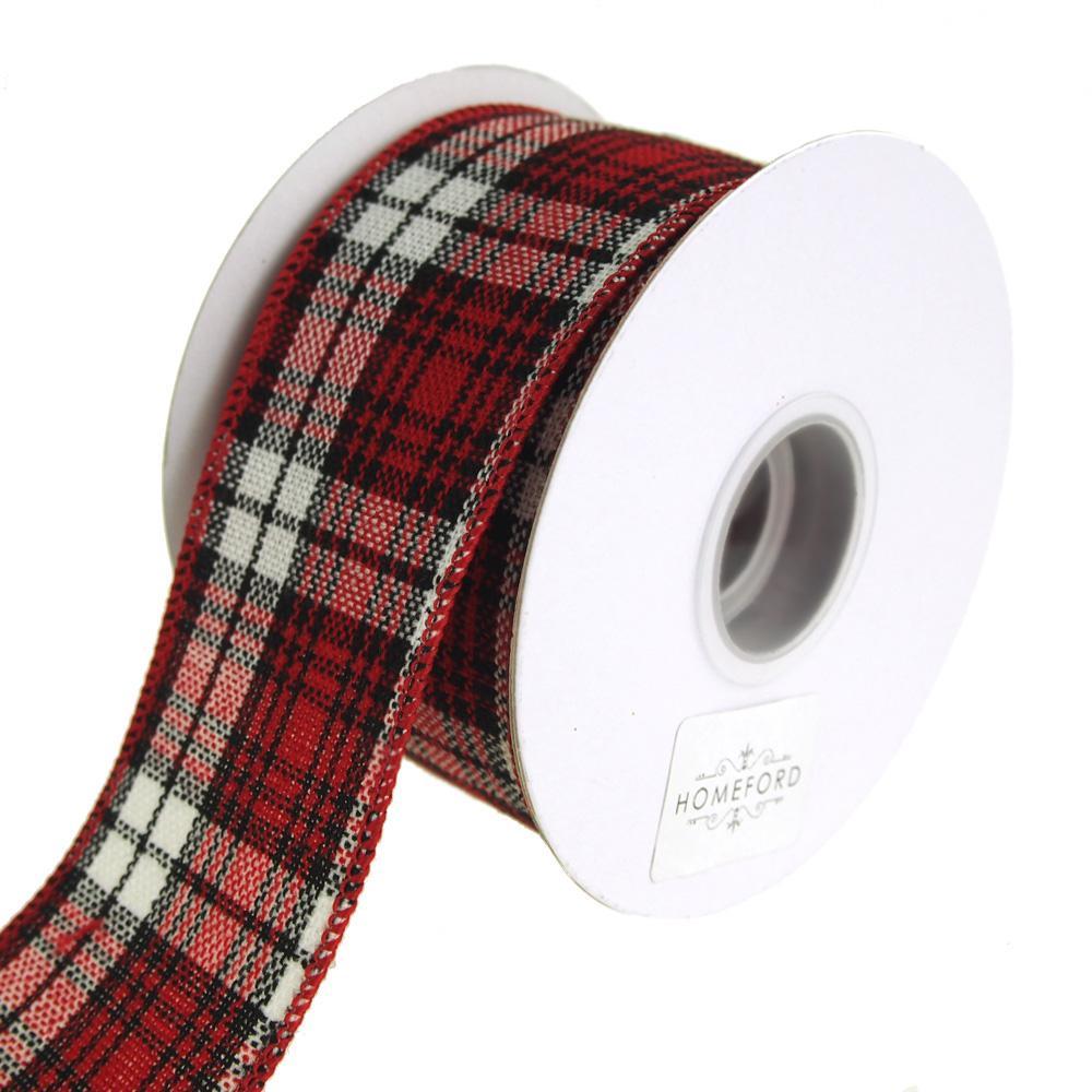 Cabin Natural Woolen Plaid Wired Holiday Christmas Ribbon, 2-1/2-inch, Black/Red, 10-yard