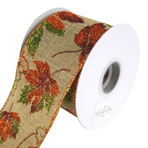 Glitter Leaves Linen Wired Autumn Fall Ribbon, 2-1/2-Inch, 10 Yards