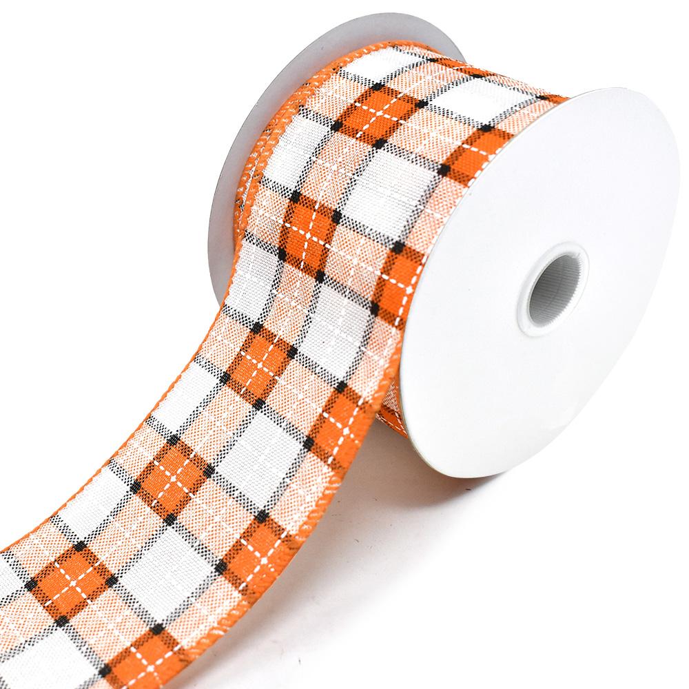 Stitched Plaid Wired Edge Autumn Fall Ribbon, Orange/White, 2-1/2-Inch, 10-Yard