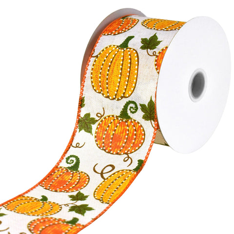 Dotted Pumpkins Faux Burlap Wired Autumn Fall Ribbon, 2-1/2-inch, 10-yard