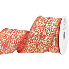 Christmas Metallic Ornate Damask Print Wired Ribbon, 10-yard
