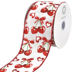 Valentine's Heart Shaped Cherries Wired Ribbon, 10-yard