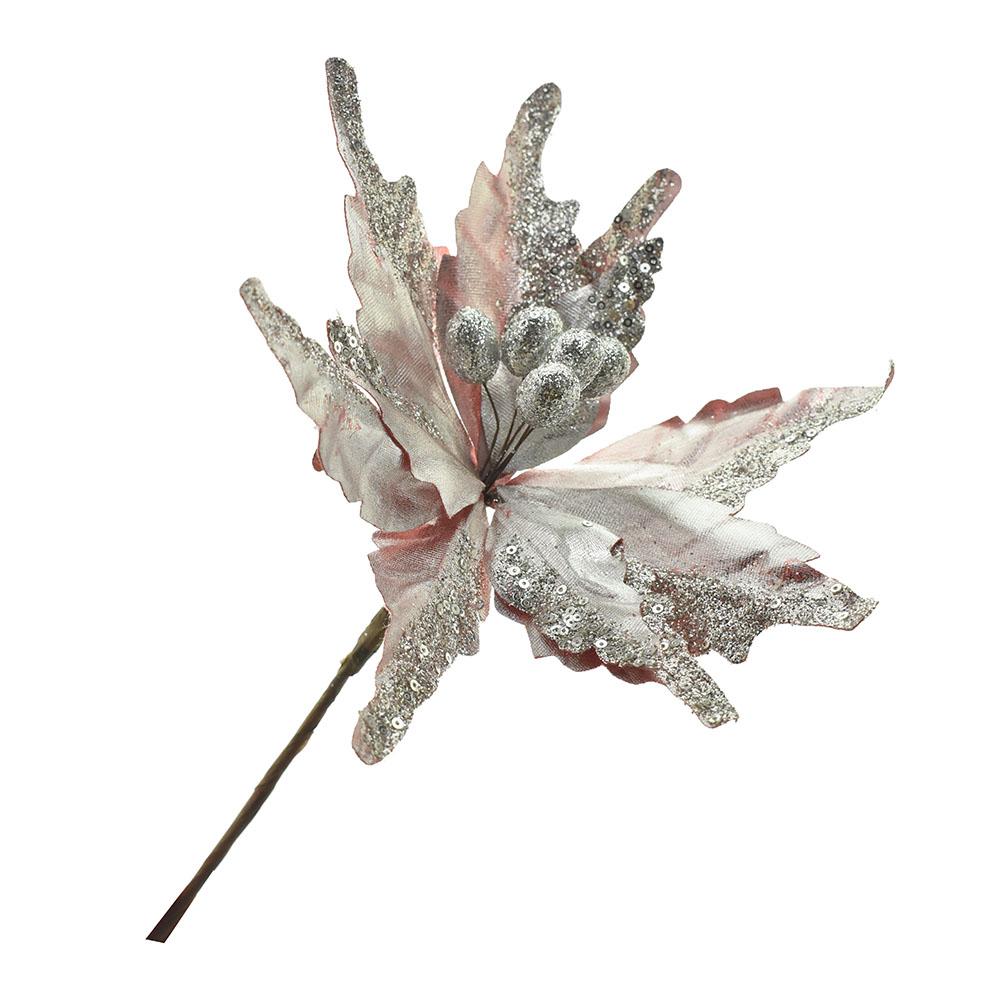 Platinum Poinsettia Floral Pick, Rose Gold, 15-Inch