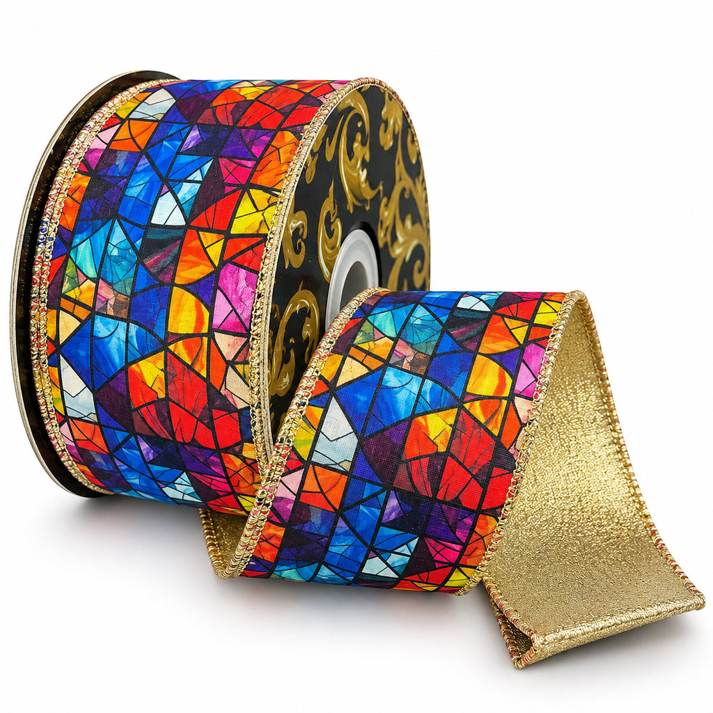 Christmas Stained Glass Dual-Sided Premium Wired Ribbon, 2-1/2-inch, 10-yard