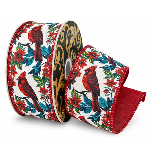 Christmas Cardinal & Poinsettia Premium Wired Ribbon, 2-1/2-inch, 10-yard