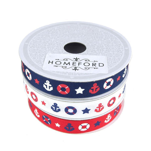 Nautical Anchor and Lifebuoy Grosgrain Ribbon, 5/8-inch, 10 Yards