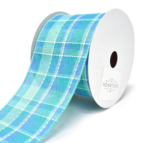 Iris Dash Plaid Wired Ribbon, Aqua, 2-1/2-Inch, 10-Yard