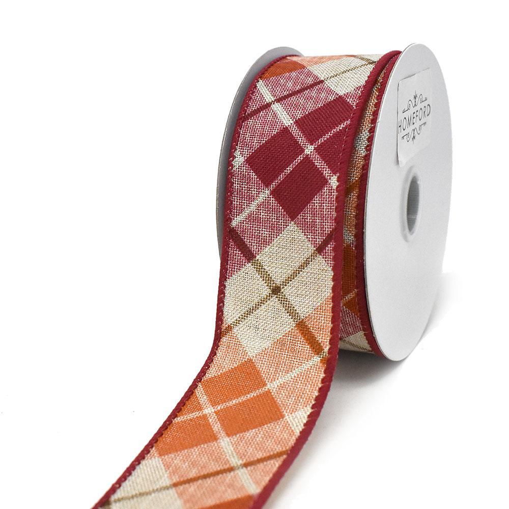 Diagonal Plaid Pattern Wired Autumn Fall Ribbon, Red/Orange, 1-1/2-Inch, 10-Yard