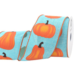 Thanksgiving Pumpkin Gourds Faux Linen Wired Autumn Fall Ribbon, 10-yard