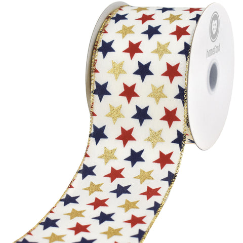 Glittered Patriotic Stars Satin Wired Ribbon, 2-1/2-inch, 10-yard