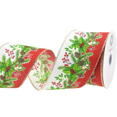 Christmas Pinecone Mistletoe Stripe Wired Ribbon, 10-yard