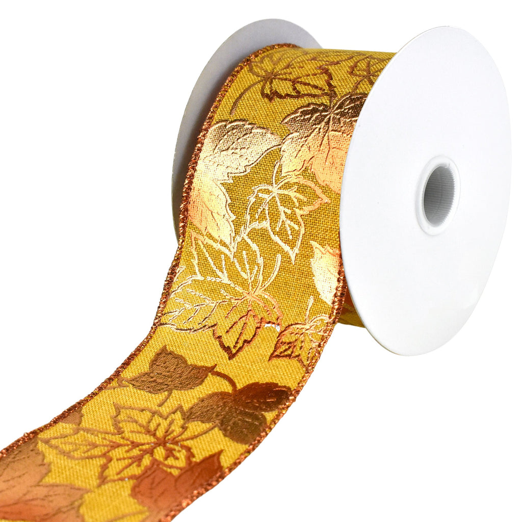 Embossed Metallic Leaves Wired Autumn Fall Ribbon, 2-1/2-inch, 10-yard