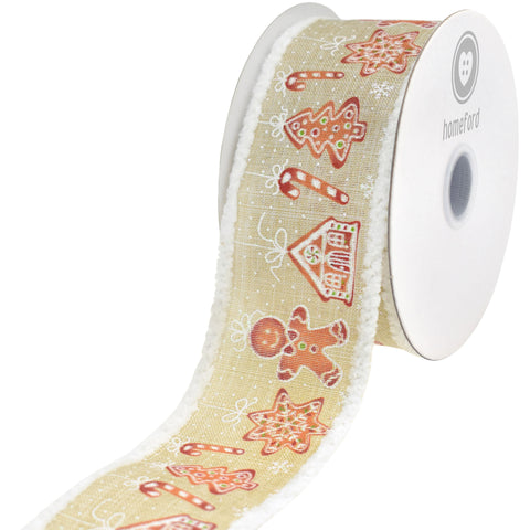 Christmas Figurine Ornaments Fuzzy Edge Wired Ribbon, 10-yard