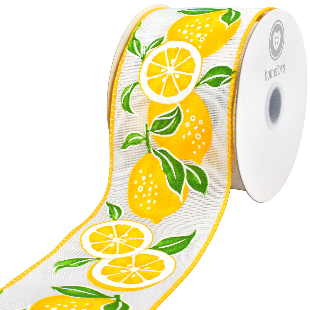 Spring Big Fresh Lemons Wired Ribbon, 2-1/2-inch, Yellow/White/Green, 10-yard