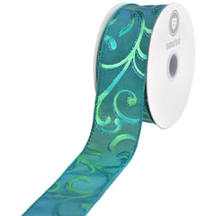 Christmas Satin Peacock Swirls Wired Ribbon, 10-yard