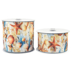 Summer Starfish Seashells Tidepool Deluxe Wired Ribbon, 10-yard