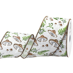 Spring Mushrooms Ferns Wried Ribbon, 2-1/2-inch, White/Brown, 10-yard