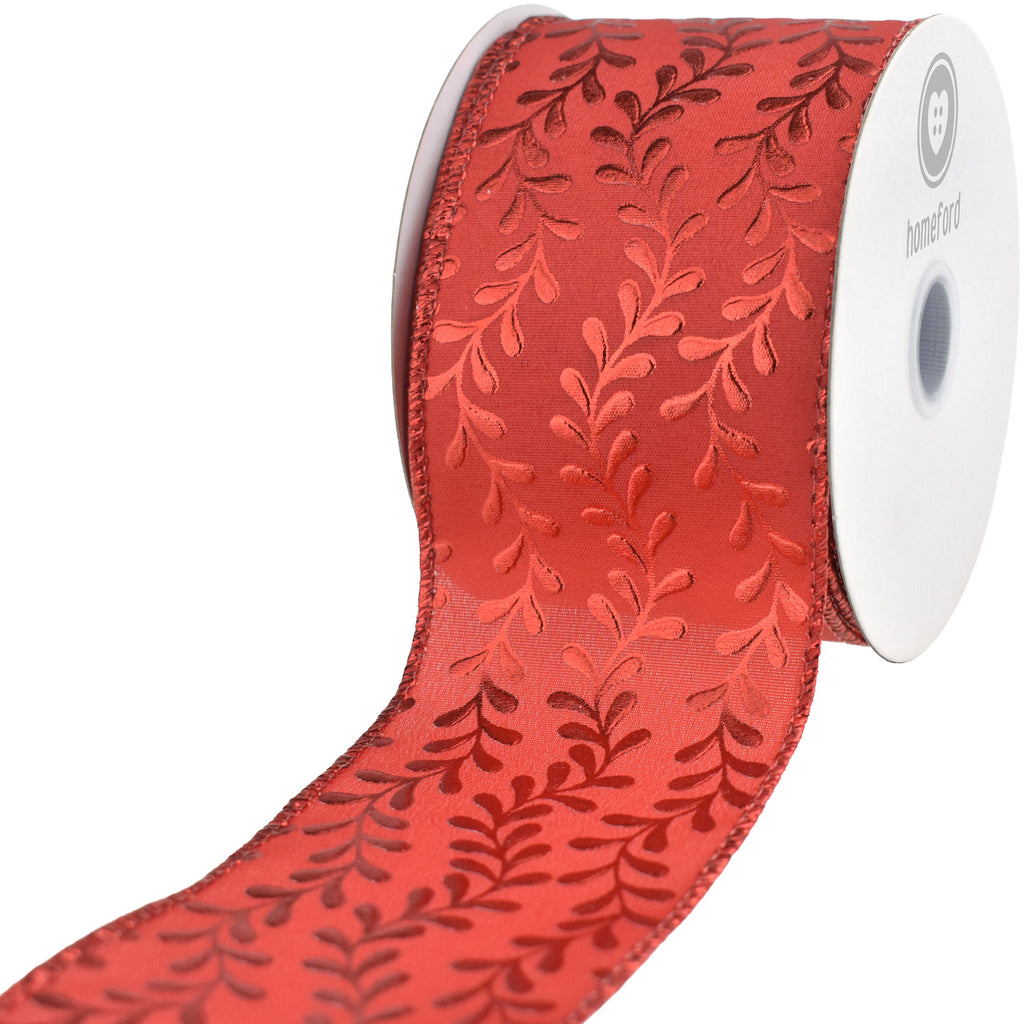 Christmas Shimmer Embossed Vines Satin Wired Ribbon, 10-yard