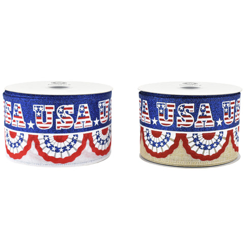Patriotic Pleated Fan Flags Faux Linen Wired Ribbon, 2-1/2-inch, 10-yard