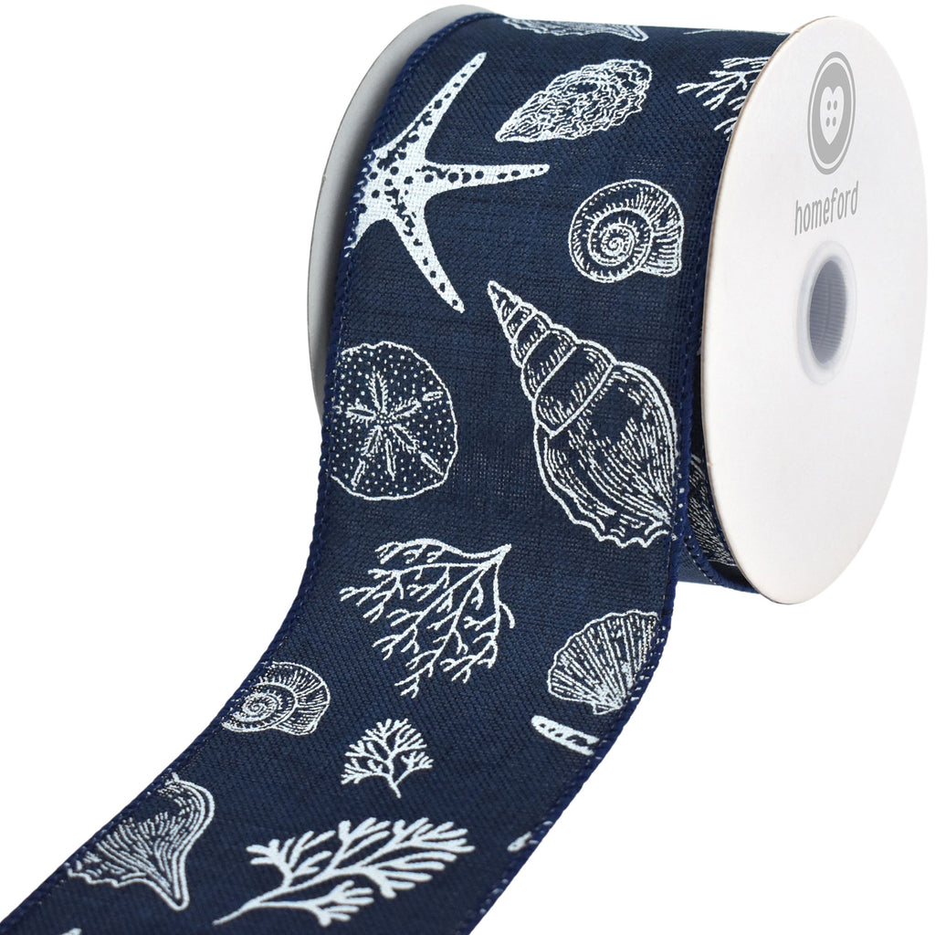 Summer Stamped Beach Icons Faux Linen Wired Ribbon, 2-1/2-inch, 10-yard