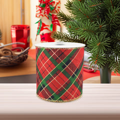 Christmas Glittered Diagonal Plaid Wired Ribbon, 10-yard