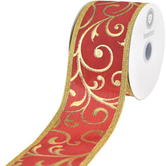 Christmas Metallic Embossed Swirls Wired Ribbon, 10-yard