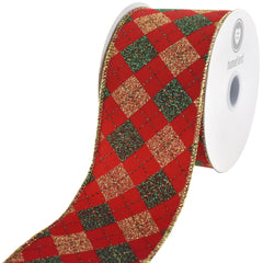 Christmas Velvet Argyle Diamond Wired Ribbon, 2-1/2-inch, 10-yard