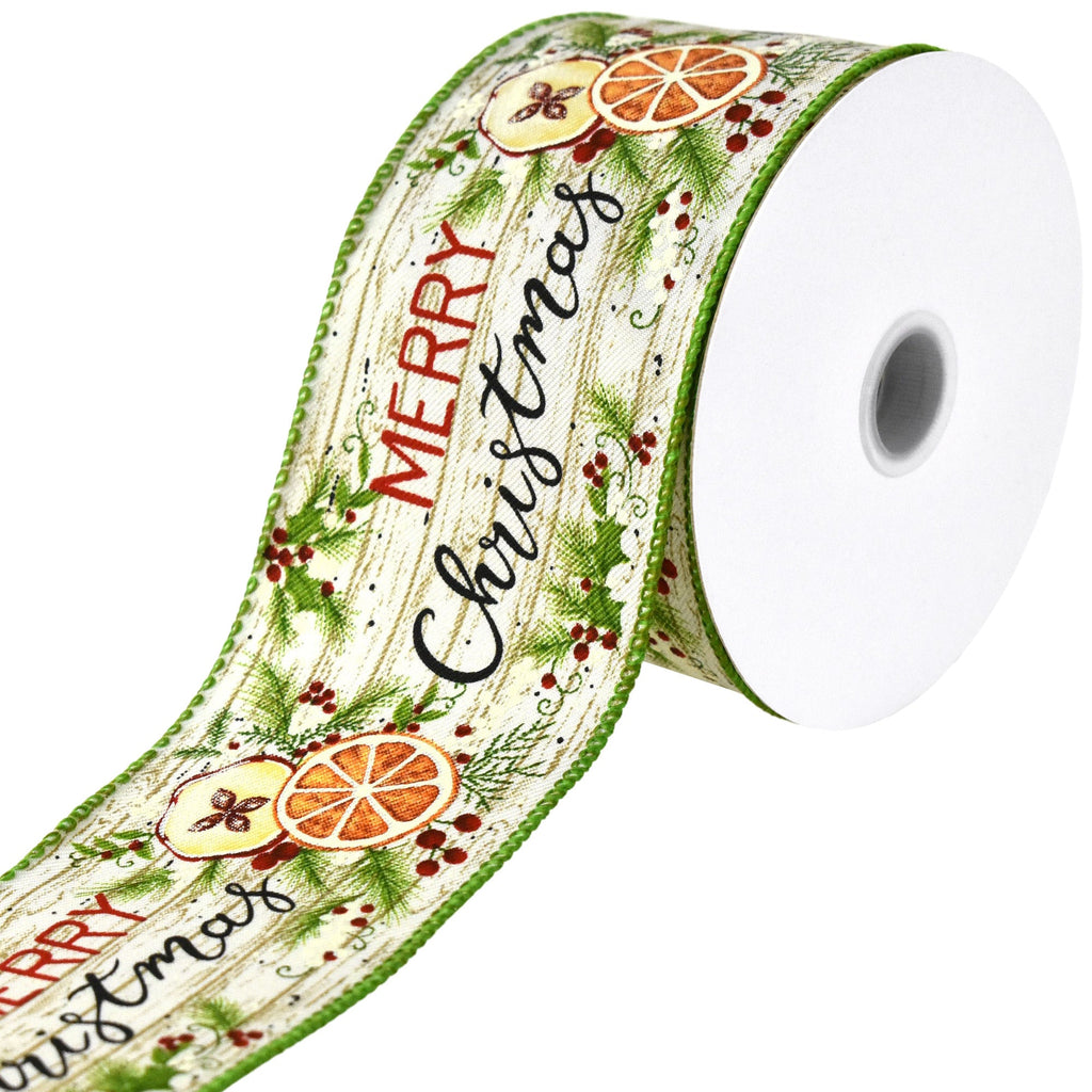 Merry Christmas Wooden Planks Wired Ribbon, 2-1/2-inch, 10-yard