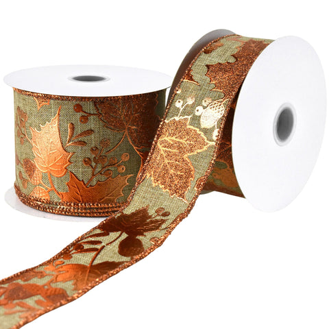 Embossed Leaves Faux Linen Wired Autumn Fall Ribbon, 10-yard