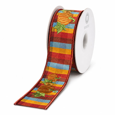 Fall Embroidered Pumpkin Tonal Plaid Dupioni Wired Edge Ribbon, 1-1/2-inch, 5-yard