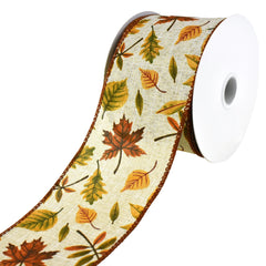 Falling Leaves Faux Linen Wired Autumn Fall Ribbon, 10-yard