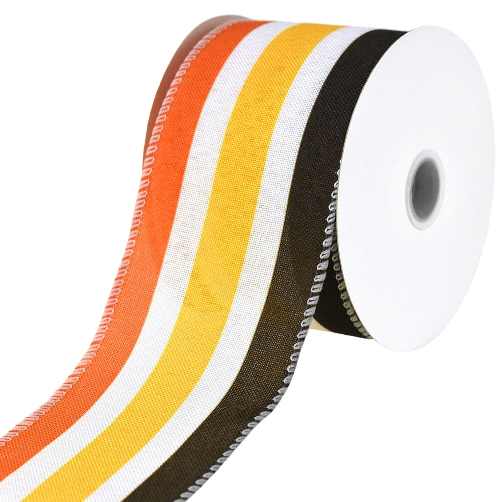 Retro Stripes Faux Linen Wired Autumn Fall Ribbon, 2-1/2-inch, 10-yard