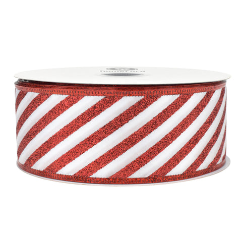 Christmas Glitter Candy Cane Stripes Satin Wired Ribbon, 2-1/2-inch, 50-yard