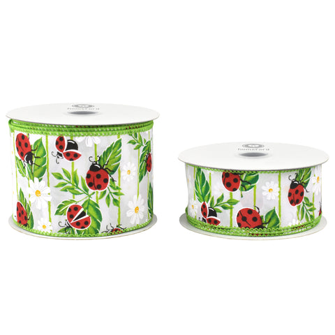 Spring Ladybugs on Leaves Wired Ribbon, 10-yard