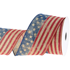 Patriotic Vintage American Flag Pattern Wired Ribbon, 2-1/2-inch, 10-yard