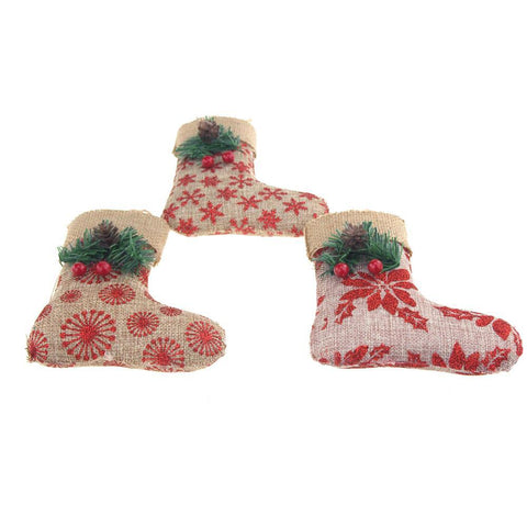 Hanging Burlap Glitter Christmas Ornament Stocking, 5-3/4-inch, 3 Piece