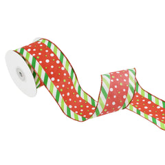 Christmas Polka Dots and Diagonal Ticking Wired Ribbon, 2-1/2-Inch, 10-Yard