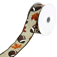 Autumn Leaves and Footballs Wired Ribbon, 10-yard