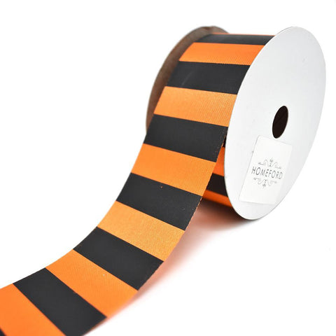 Fall Cabana Stripe Polyester Ribbon, Black/Orange, 1-3/8-Inch, 25-Yard
