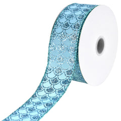 Glittered Mermaid Fish Scale Pattern Satin Wired Ribbon, 10-yard