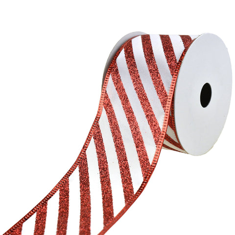 Christmas Glitter Holiday Stripes Wired Ribbon, 2-1/2-Inch, 10-Yard - Red/White