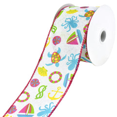 Nautical Seaside Icons Faux Linen Wired Ribbon, 2-1/2-Inch, 10-Yard