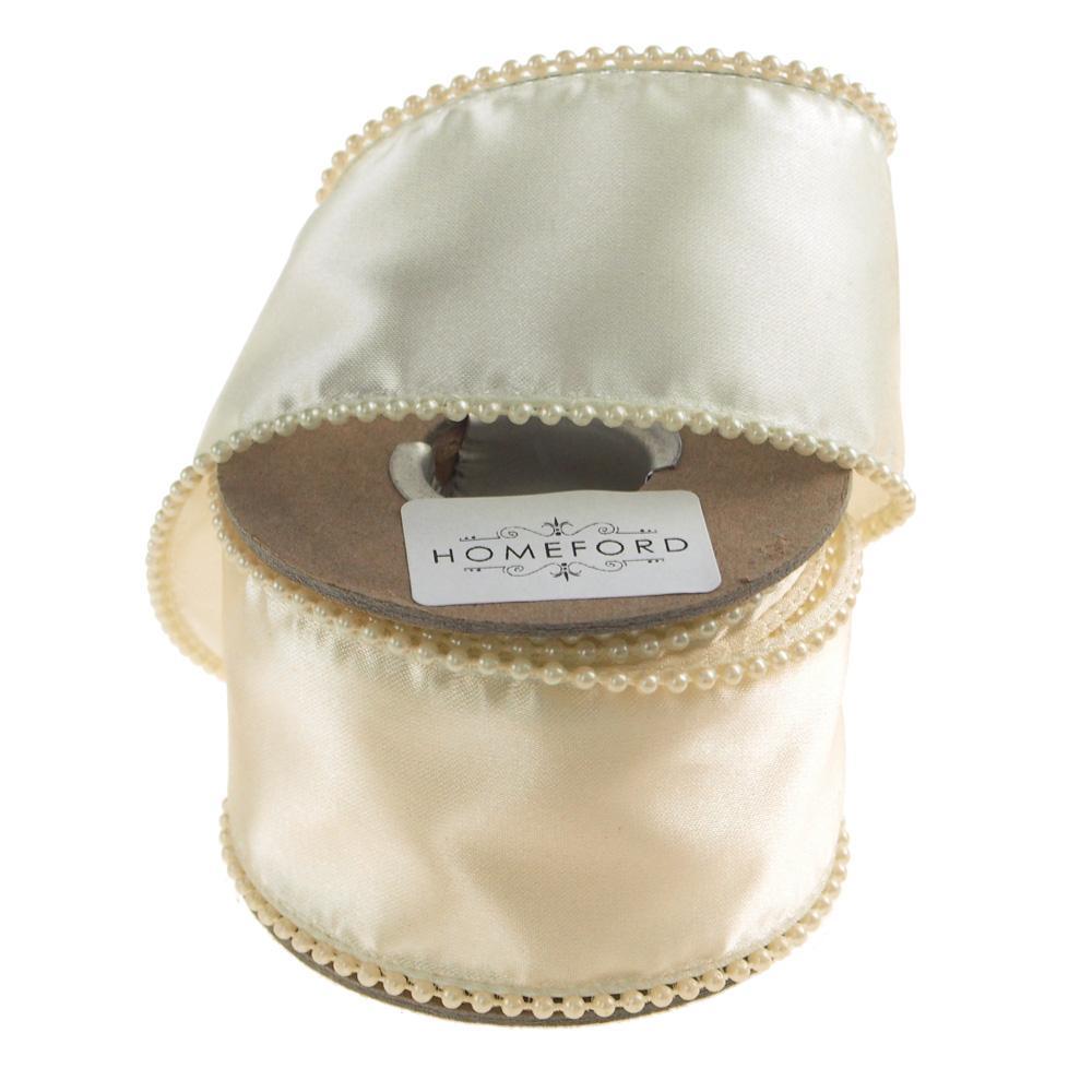 Ivory Pearls Edge Wired Satin Luxury Ribbon, 2-Inch, 5-Yard