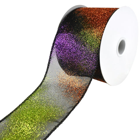 Halloween Glittered Ombre Sheer Wired Ribbon, 2-1/2-Inch, 10-Yard - Purple/Lime/Orange