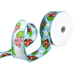 Ladybugs and Daisies Faux Linen Wired Ribbon, 1-1/2-inch, 10-yard