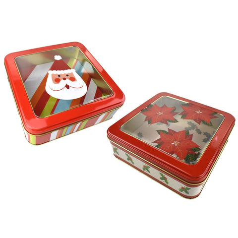Christmas Santa and Poinsettia Square Tins, 8-Inch, 2-Piece