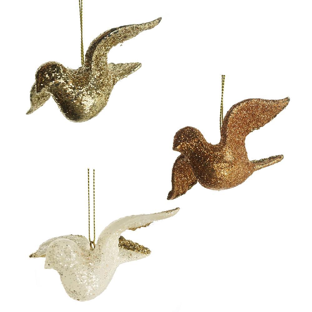 Christmas Glitter Dove Ornaments, Copper/White/Champagne, 3-Inch, 6-Piece