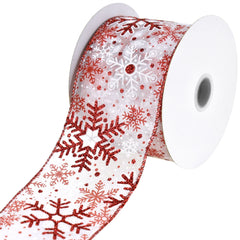 Christmas Glittered Snowflakes Sheer Organza Wired Ribbon, 10-yard